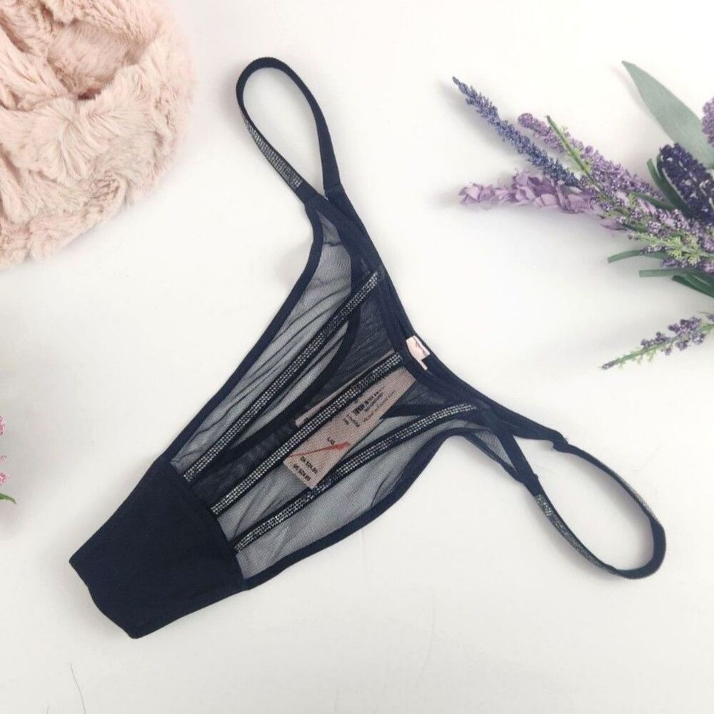 LARGE {Victoria's Secret} Black {Rhinestones} Mesh Thong